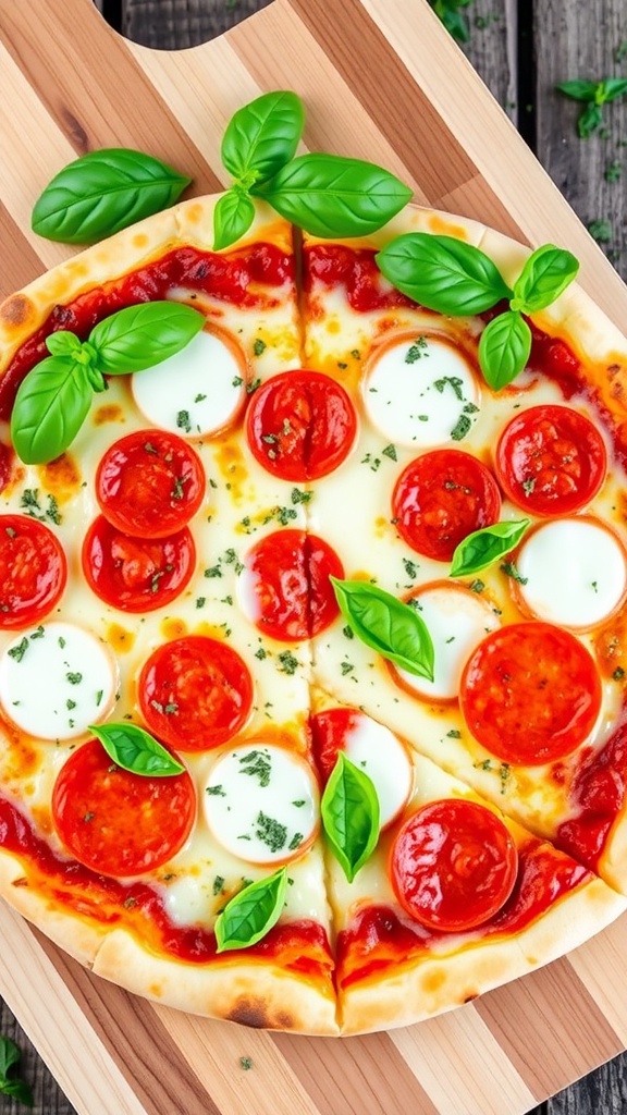 A delicious keto pizza with melted cheese, pepperoni, and colorful toppings on a wooden board.